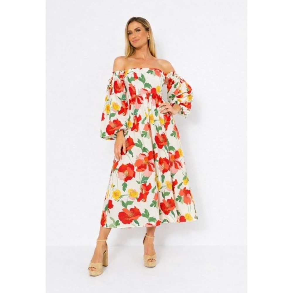 HYACINTH HOUSE Tuckernuck Off-The-Shoulder Marigold‎ Floral Midi Dress